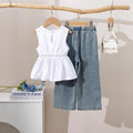 High-quality sleeveless, cinched-waist designer children's clothing set for cross-border e-commerce: includes a denim elastic-waist pants set