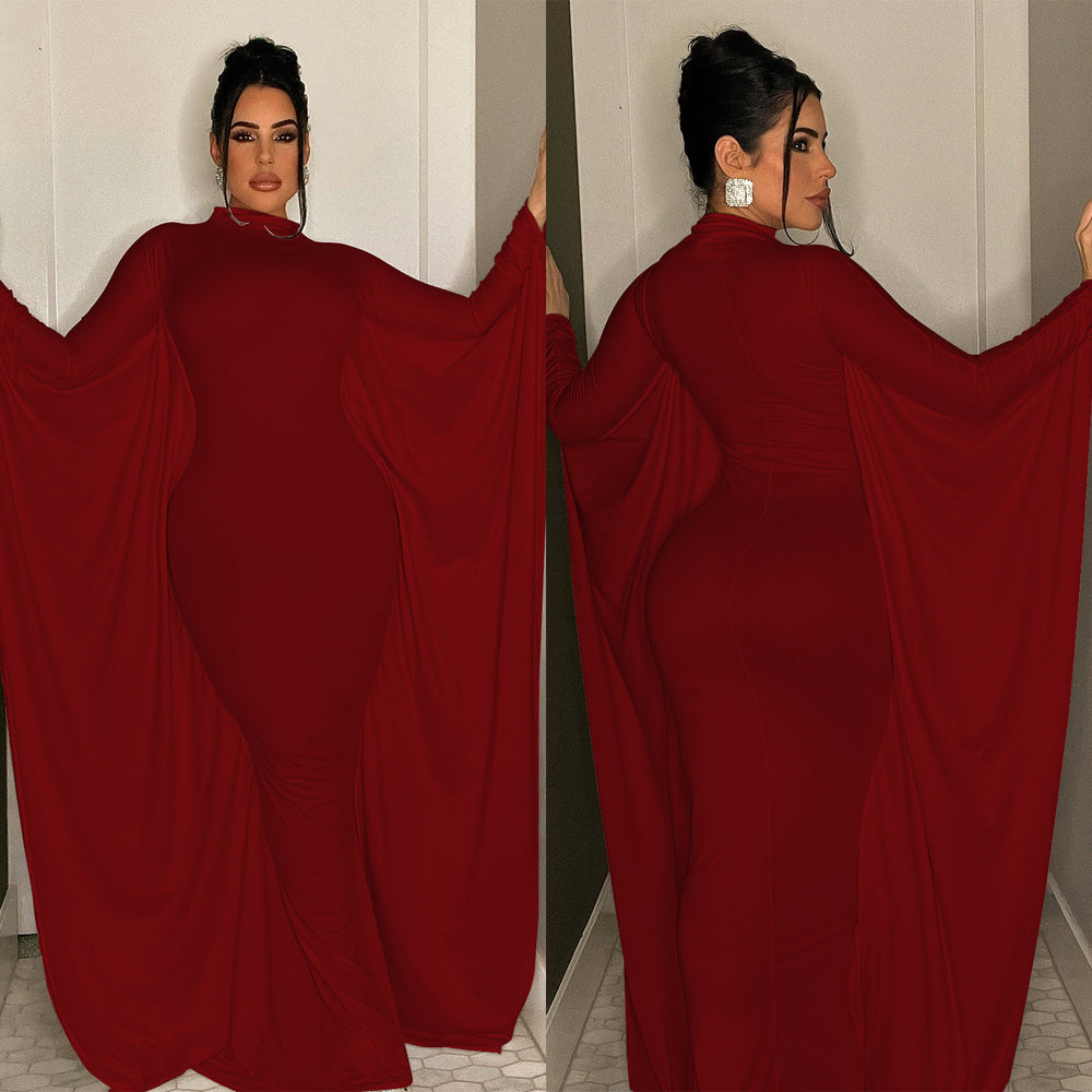 C6575 cross-border   fashion women's solid color batwing long sleeve maxi dress