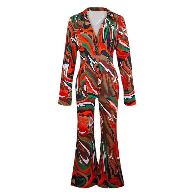 Printed deep v sexy blouse and wide-leg pants two-piece set - women's  european and american autumn fashion casual outfit