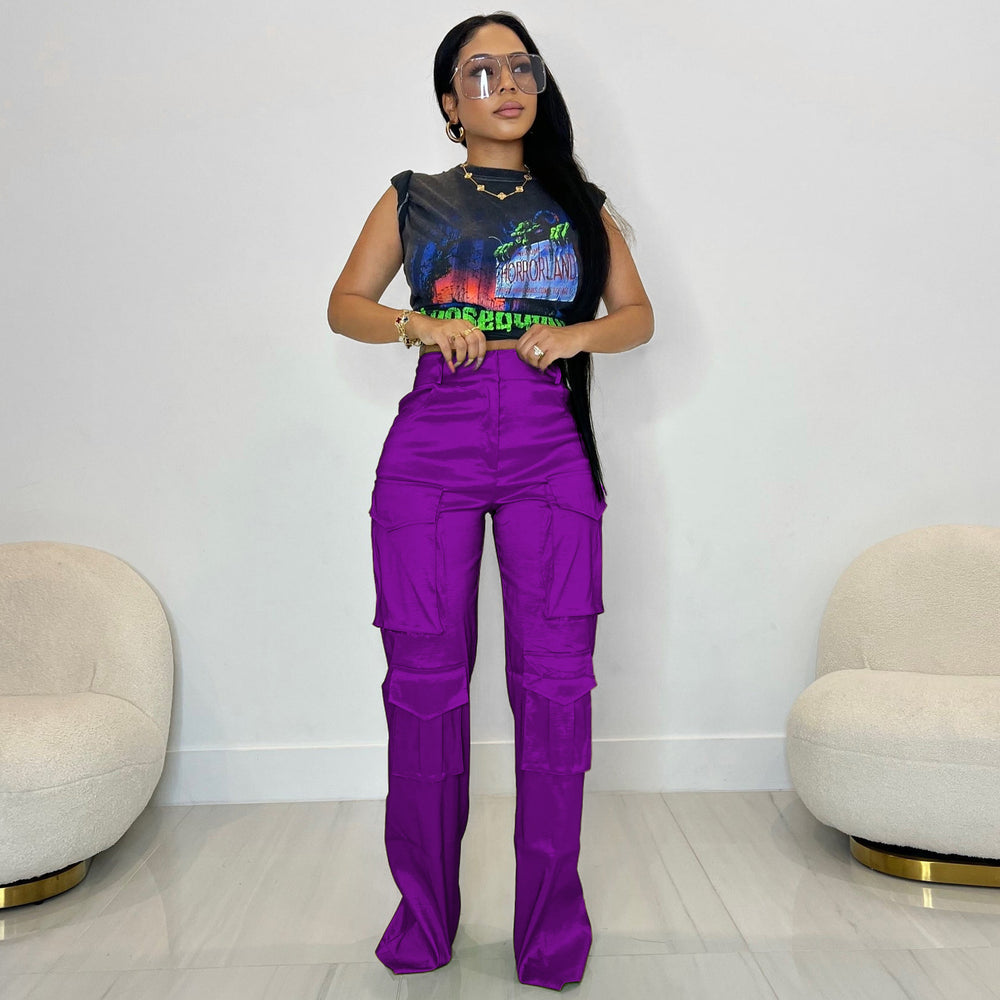 e-commerce source of goods fashionfashioncasual women's pure color multi-flap pocket pantsworkwearpants