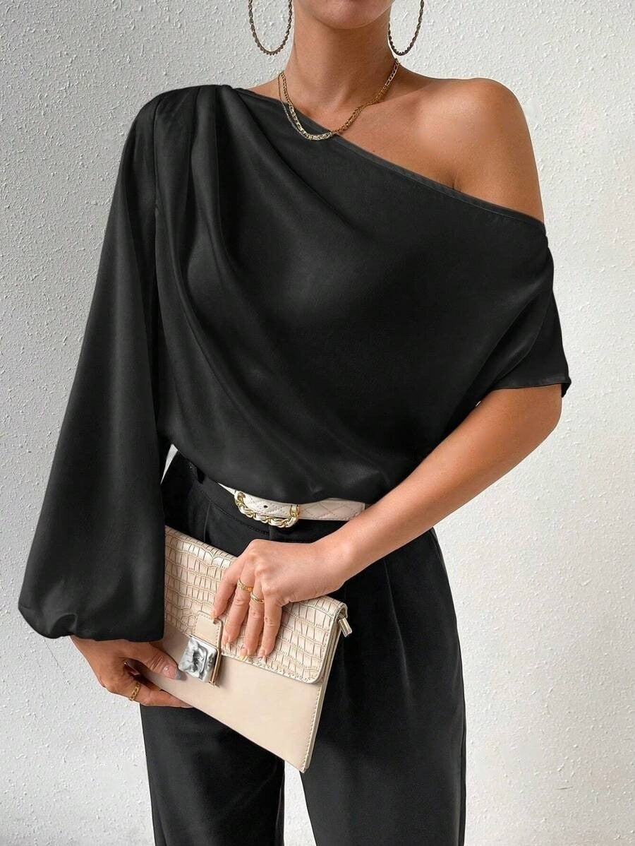 Export oblique shoulder t-shirt sexy off-shoulder loose off-shoulder elegant women's clothing  cross-border fashion oblique collar tops
