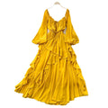 French riviera style square neck puff sleeve dress - women's summer yellow ruffle trim, slim fit, maxi swing dress