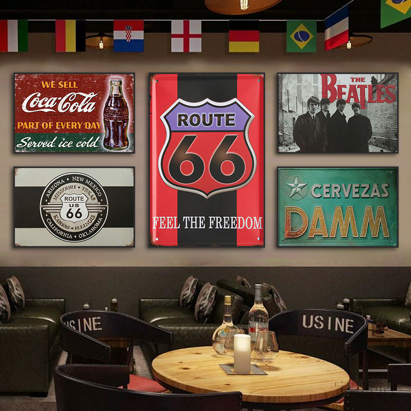 Bar decoration painting American retro cafe hanging painting Qingba KTV box Route 66 old iron mural