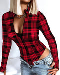 european and american export women's printed plaid bodycon sexy long sleeve tummy control slimming deep v-neck jumpsuit