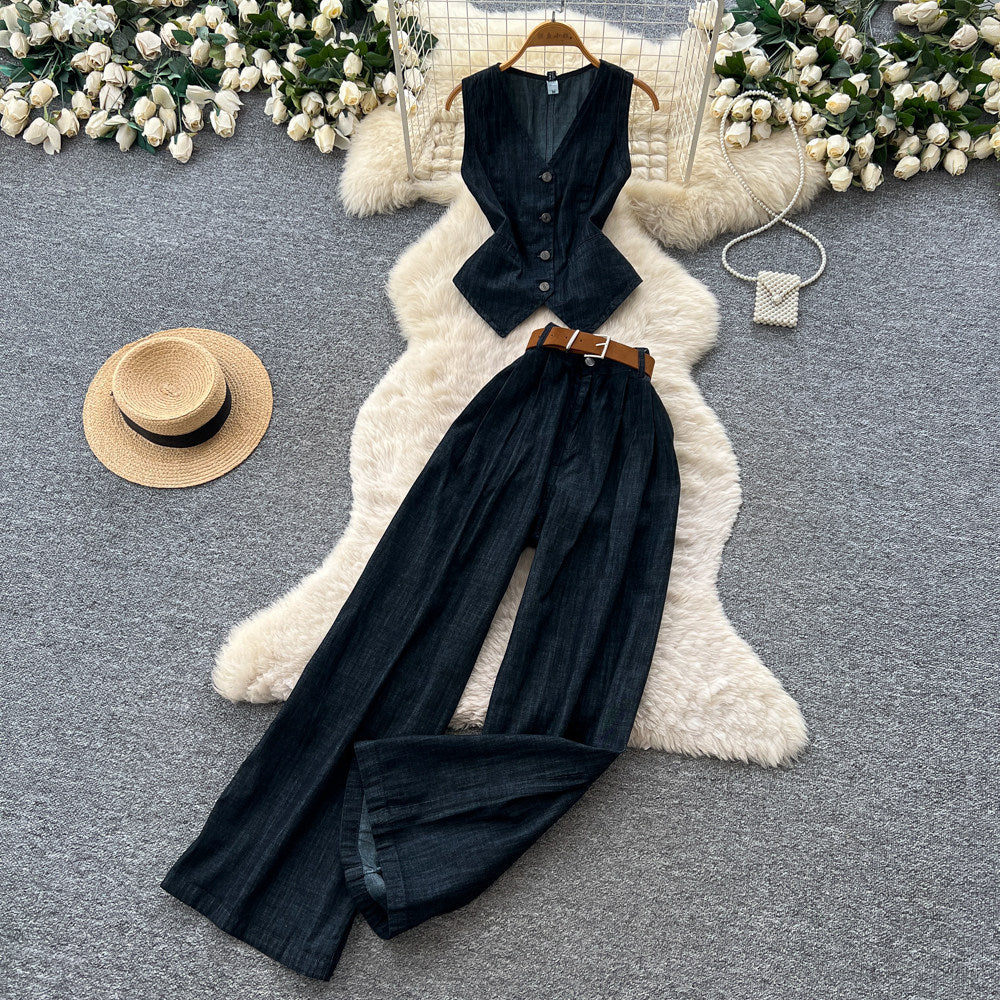 European and american retro denim chic two-piece set for women: sleeveless vest & high-waisted pants - slim fit, summer style