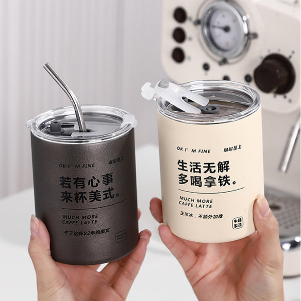 Cross-border 304 stainless steel ice American coffee cup vacuum double layer with straw straight body cup household portable thermos cup