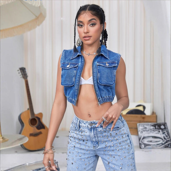 TC70176 European and American   women's sexy sleeveless denim jacket vest shorts show thin Hong Kong style