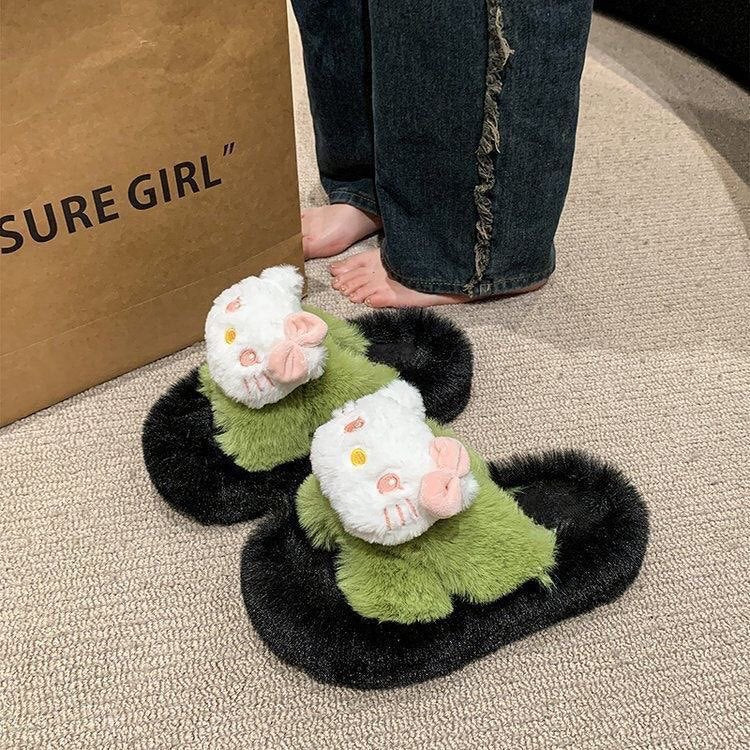 Versatile fuzzy slippers for women, thick-soled outdoor wear, new autumn/winter styles, trending online, platform sole, height-increasing, criss-cross cotton slippers