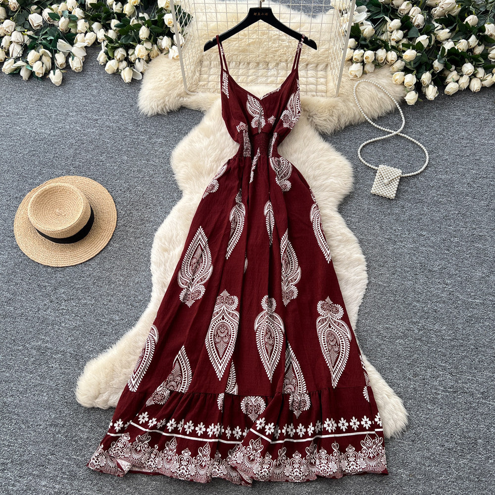 Vacation-style printed cami bohemian dress - women's summer high-waisted slimming a-line maxi dress - elegant outfit