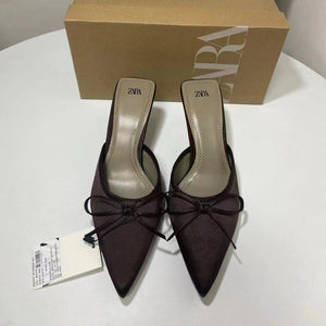 Za2024springnew arrivalbows high-heeled mules flats pointed toe toe slippers thin heel easiest for match half slippers