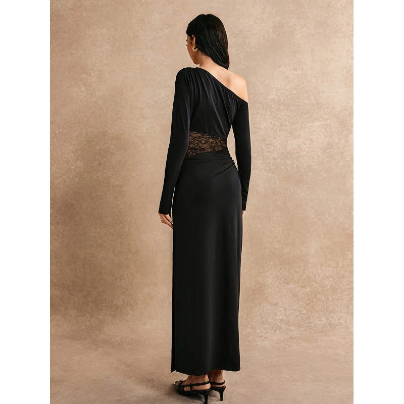 Real shot of export women's pure color oblique shoulder long sleeveslacepatchworkelegancelongdress