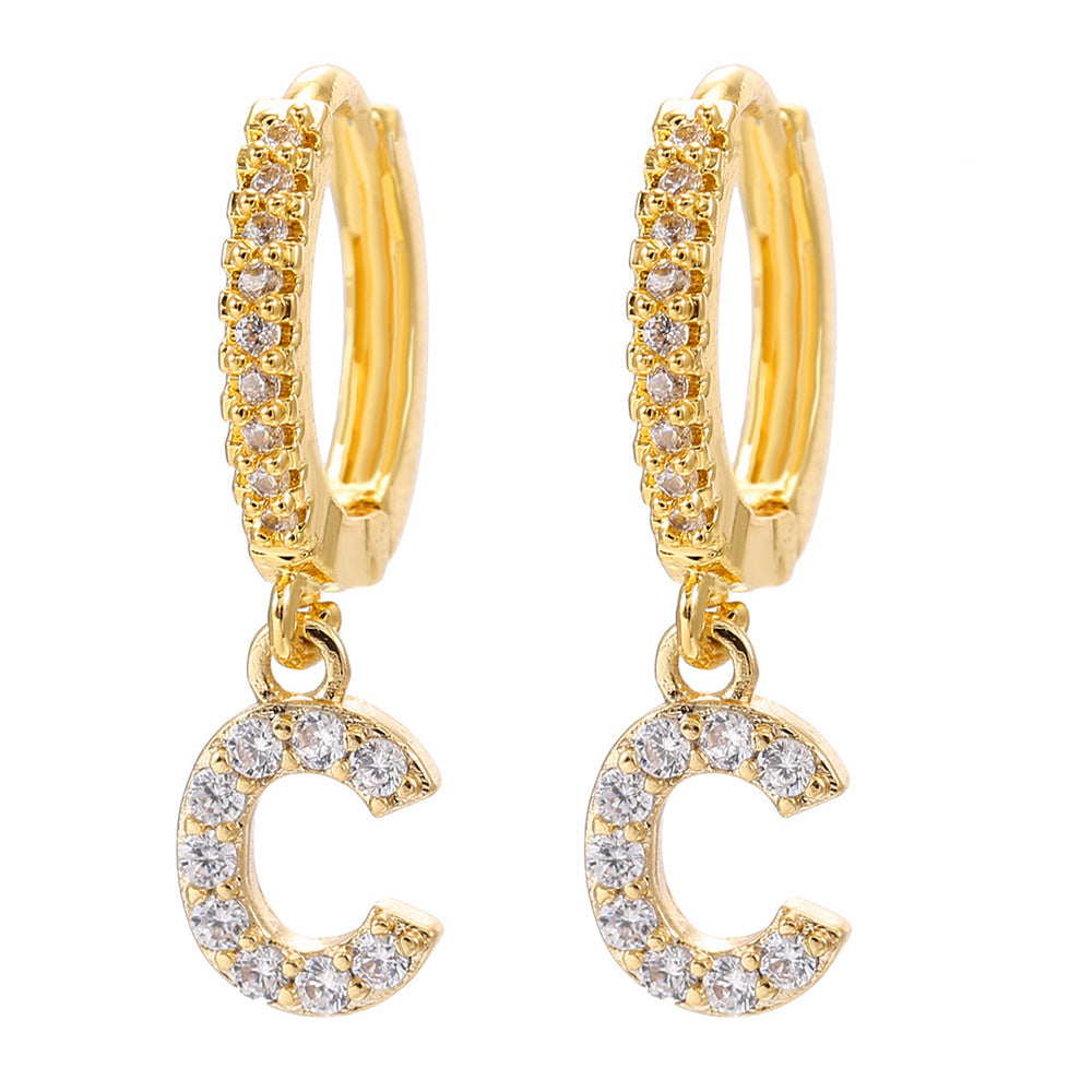 European and american gold-plated micro-paved zircon 26-letter initial pendant earrings - fashionable, unique, high-end, and chic hoop earrings with tassel detail