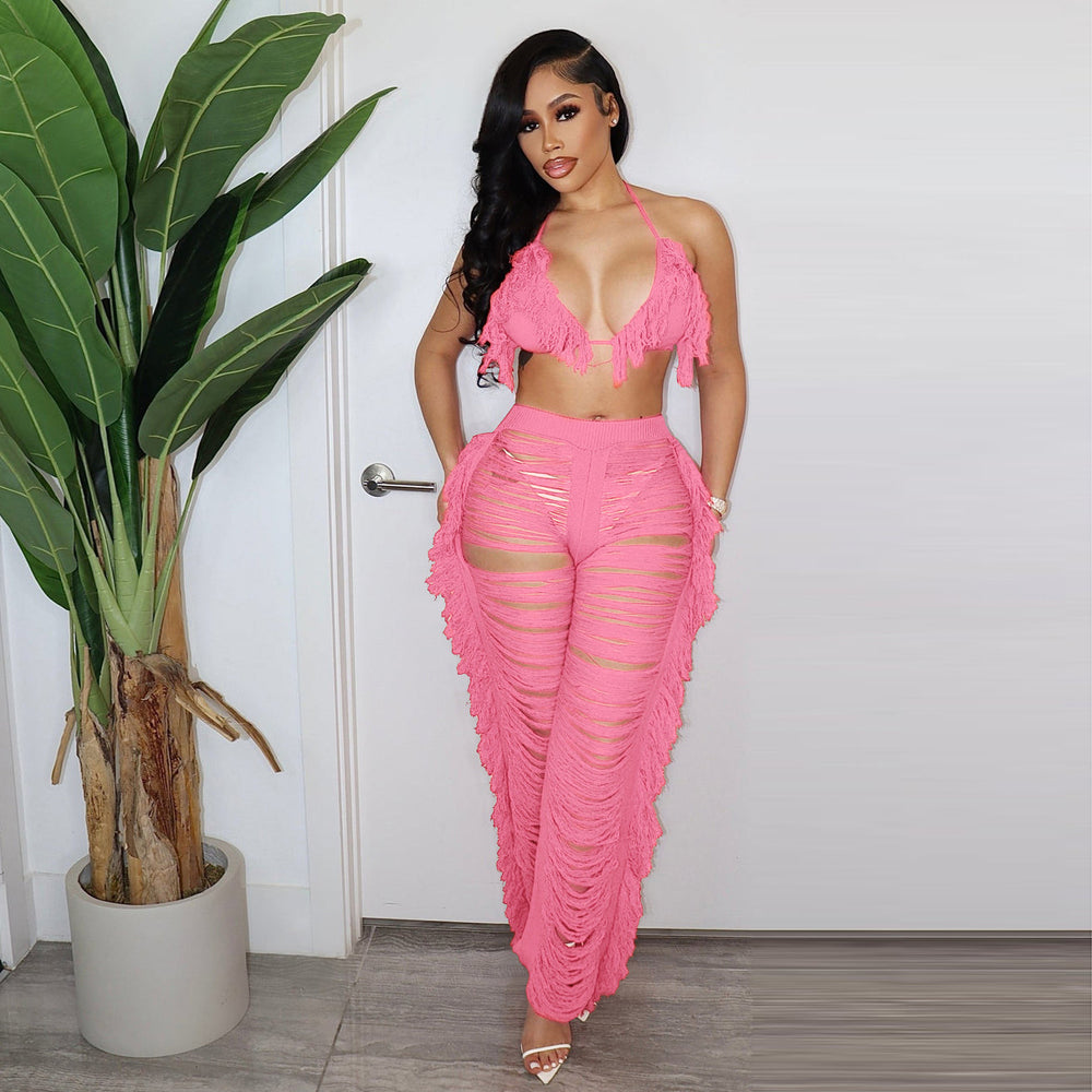 Source factory  summer new european and american style sexy tassel knit pant set