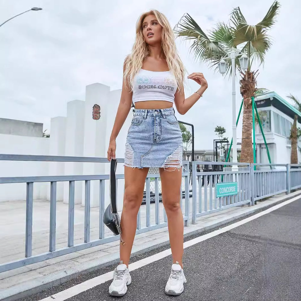 Pre-sale-31012# cross-border women's fashion european and american ins retro ripped personalized high waist slimming look denim half body
