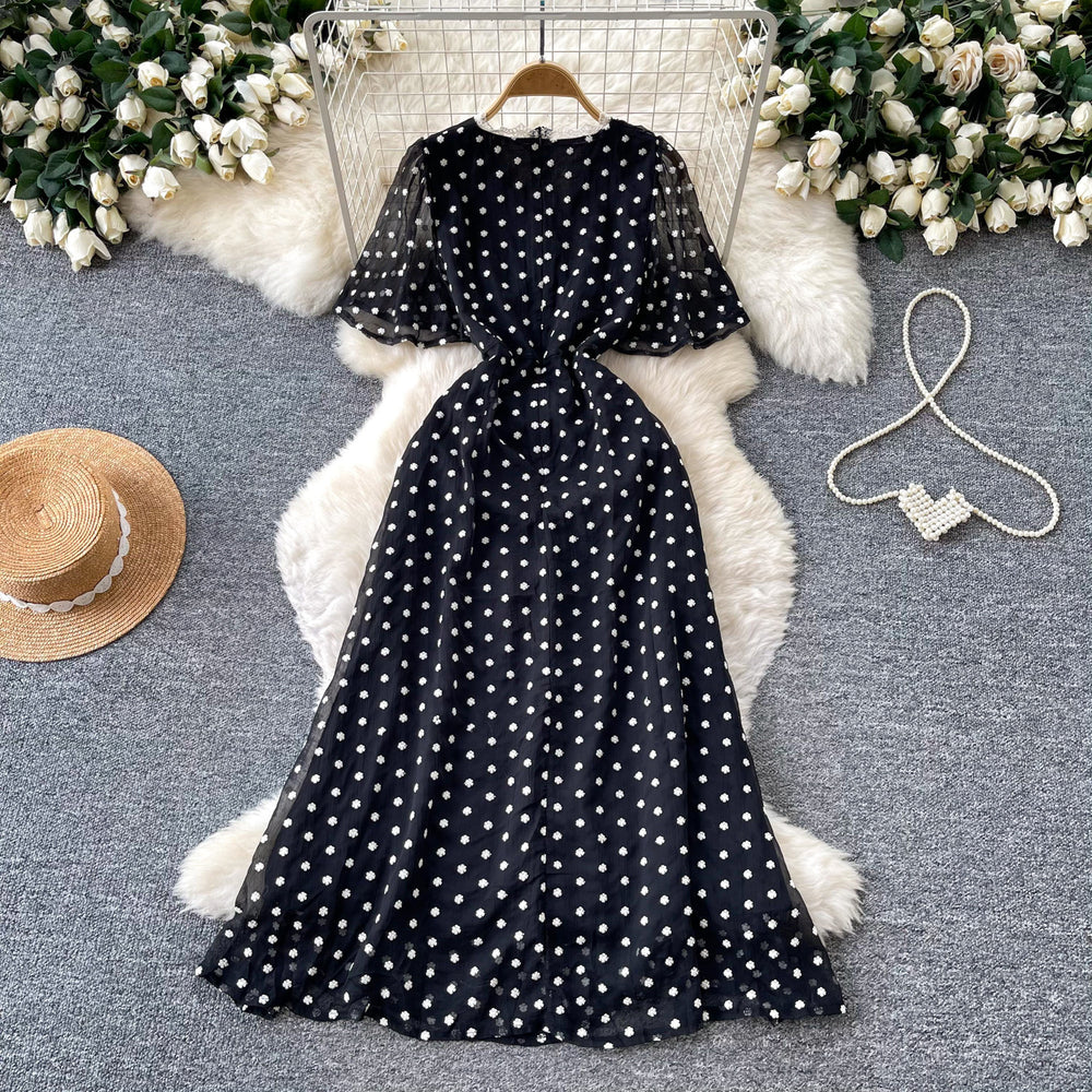 Ladies style black polka dot mesh dress women's summerv neck short sleeve high waistslimming look a-line long skirtelegant
