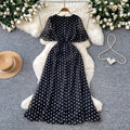Ladies style black polka dot mesh dress women's summerv neck short sleeve high waistslimming look a-line long skirtelegant