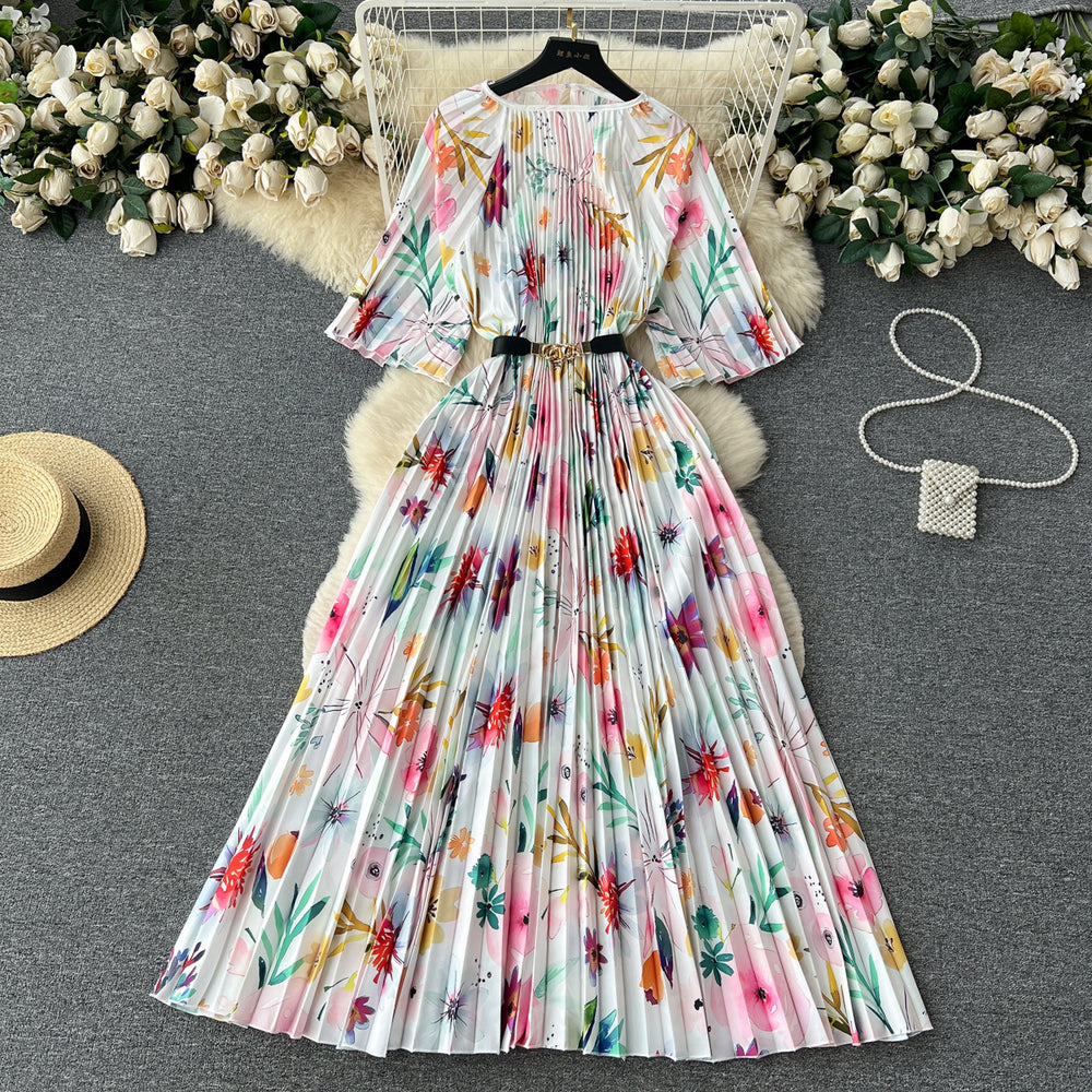 European and american retro court style design printed long dress with heavy pleating, puff sleeves, and pleated skirt - spring collection for women