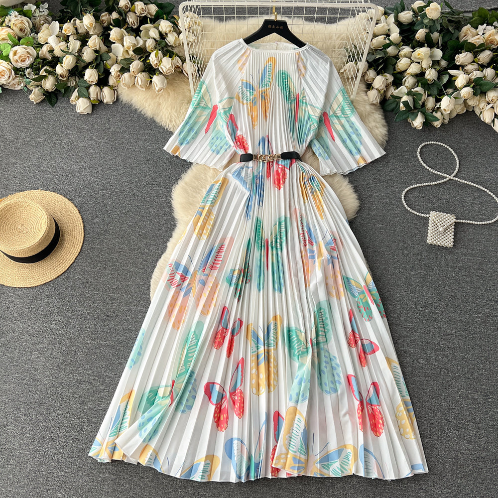 European and american retro court style design printed long dress with heavy pleating, puff sleeves, and pleated skirt - spring collection for women
