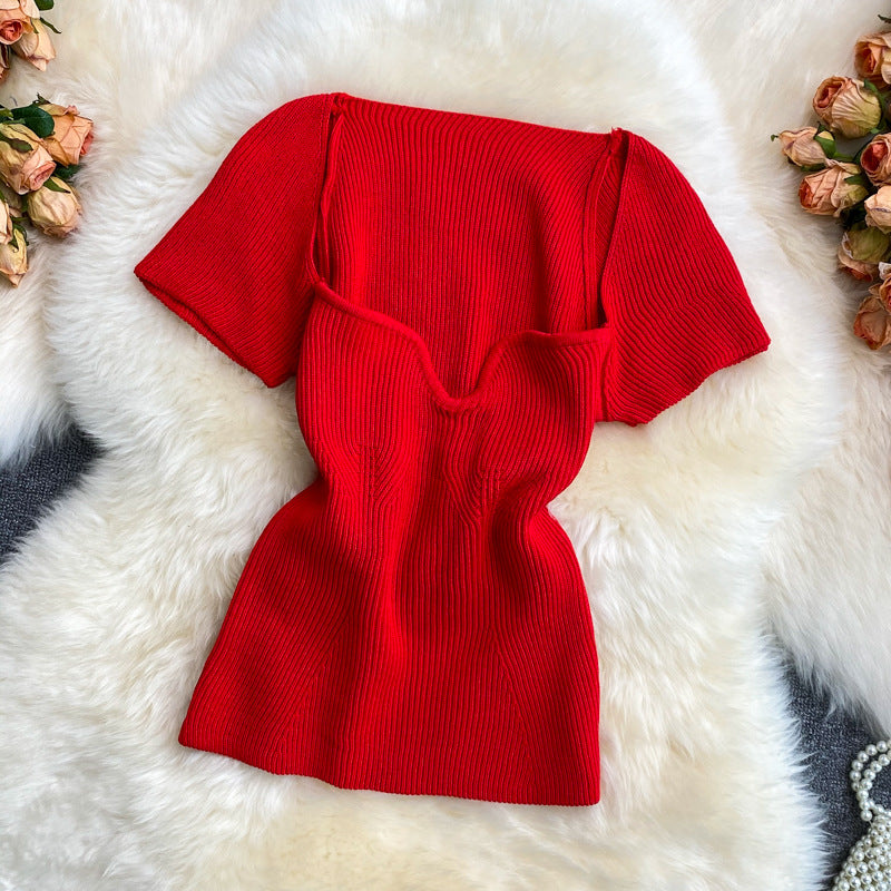 Summer hot girl style short t-shirt short sleeve sense of designniche style square neck heart exposed collarbone exposed navel knitting shirttops women
