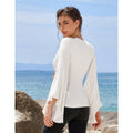Amazon fashion pure desire v neck bell sleeve shirt  spring new style wrapped casual ruffle tops