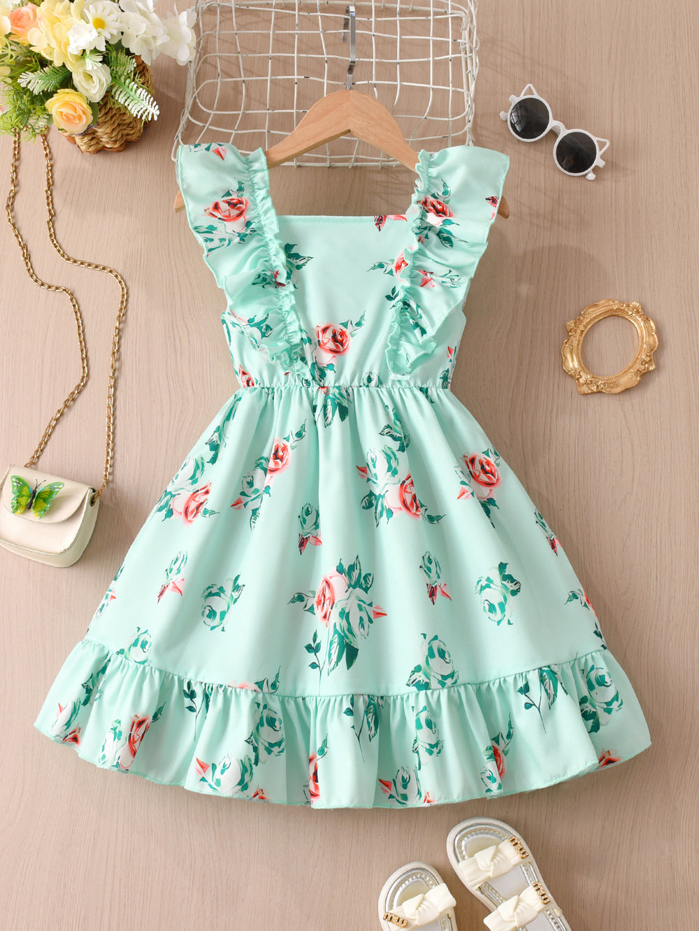 Exportgirldress with fungus edge flying sleeves one-line collar mint green printingsweet fresh kidssummer skirt