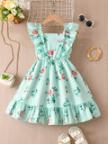 Exportgirldress with fungus edge flying sleeves one-line collar mint green printingsweet fresh kidssummer skirt