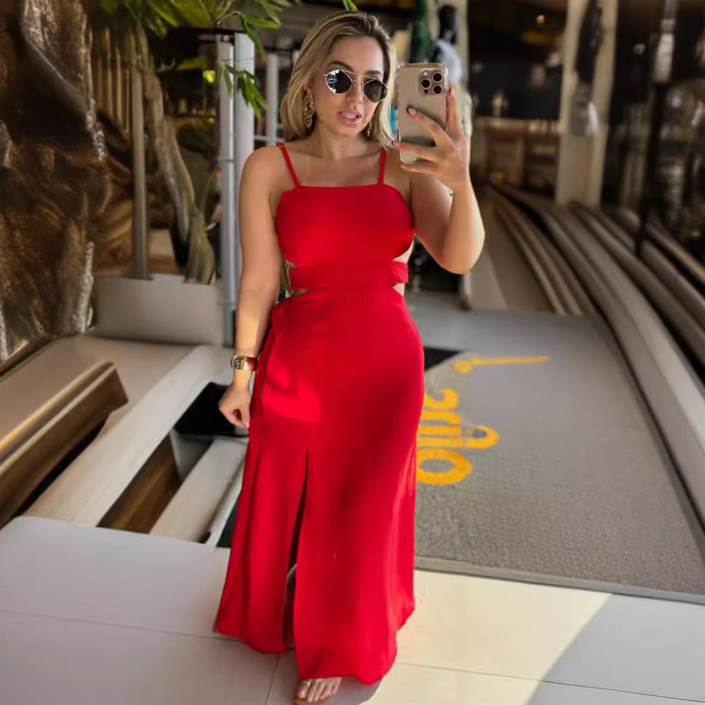 S10790 European and American, solid color suspender split hip strap backless dress