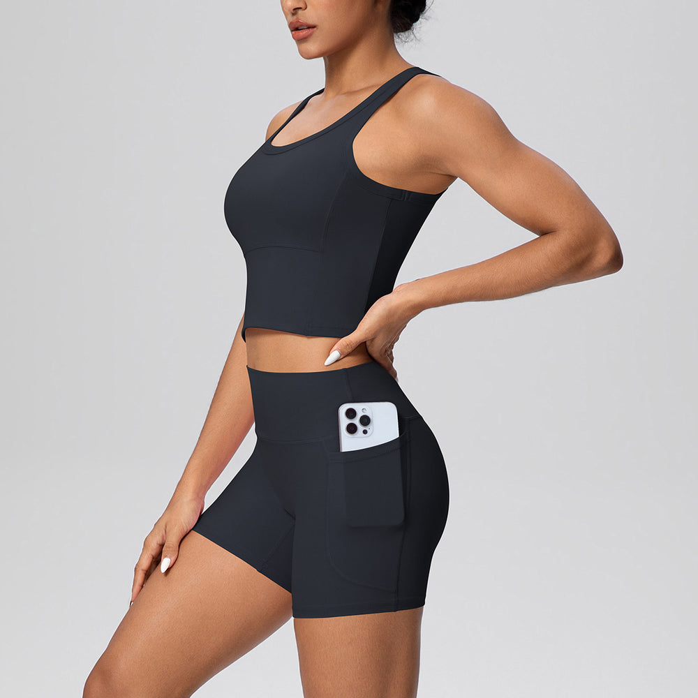 New arrival: cross-border brushed solid color breathable tank top & pocket shorts yoga set - two-piece activewear for running and fitness