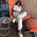 European and american style women's clothing  autumn new collection: sweet and fresh striped turn-down collar long-sleeve shirt and high-waisted straight-leg pants two-piece set