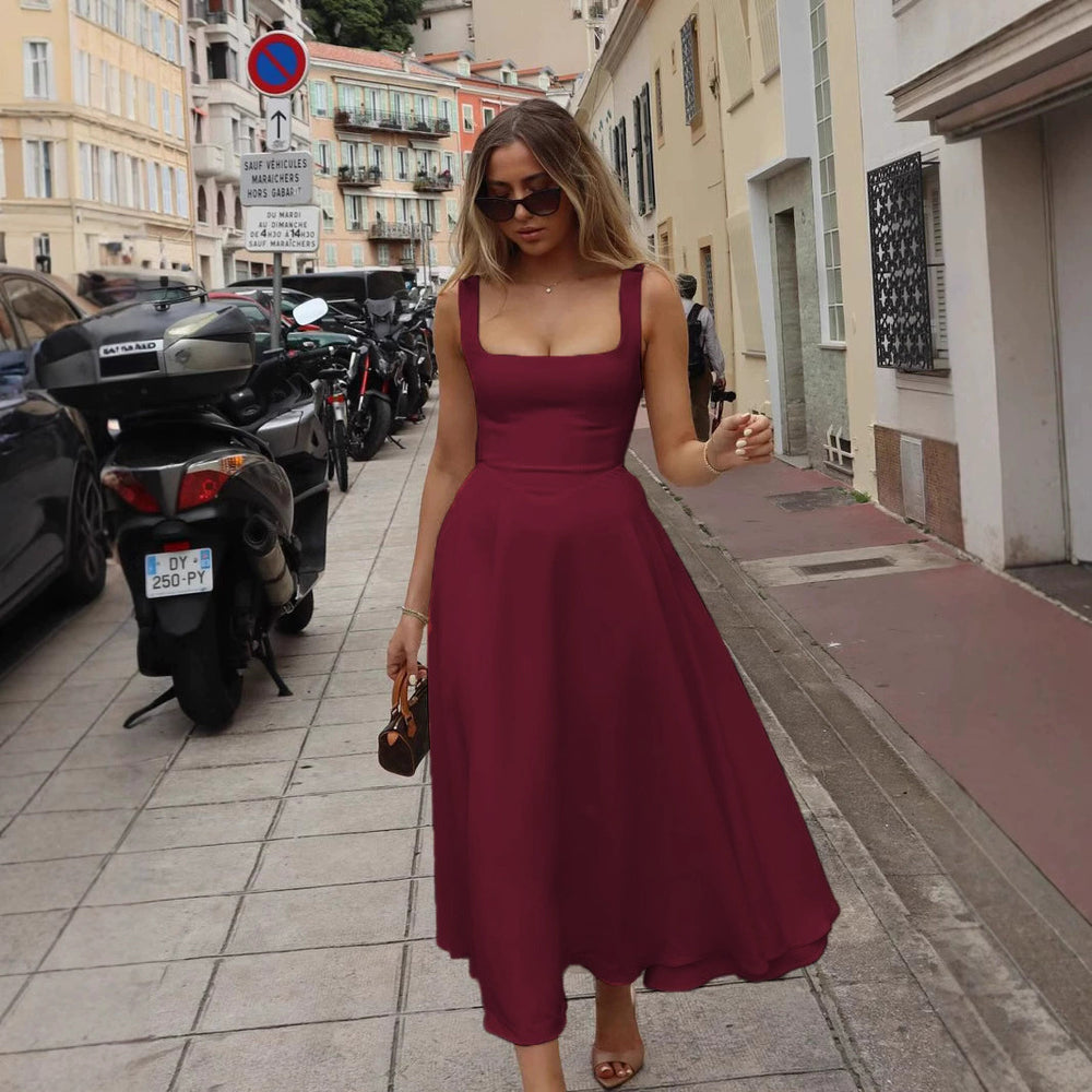 Export   spring and summer new arrival european and american women's clothing elegantpure color square collar sleeveless waist suspender dress