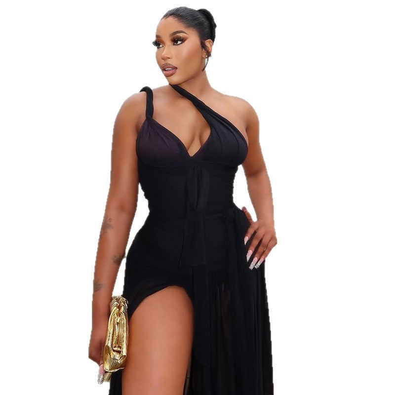 European and american style export fashion elegant women's solid color bodycon asymmetrical skirt slant neck backless slim fit long dress