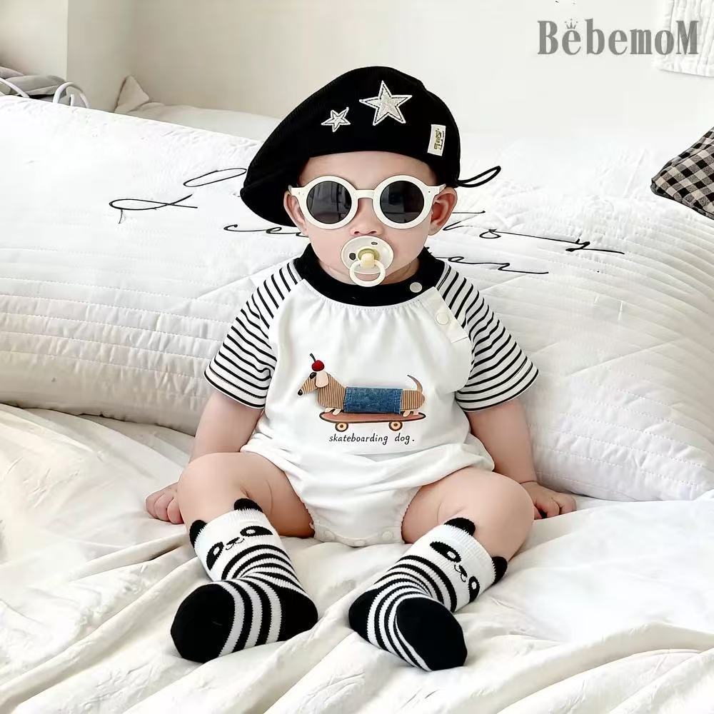 Summer jumpsuit short-sleeved stripes baby clothes full moon style khaki cartoon outing triangle bag butt clothes crawling suit