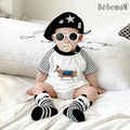 Summer jumpsuit short-sleeved stripes baby clothes full moon style khaki cartoon outing triangle bag butt clothes crawling suit