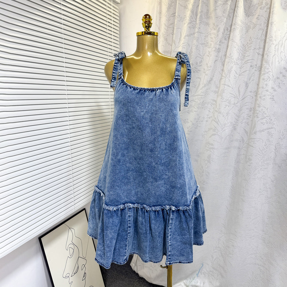 Export cross-border fashionins hot-selling summernew arrivalfashionpatchwork suspender strap a-line denim dress short skirt