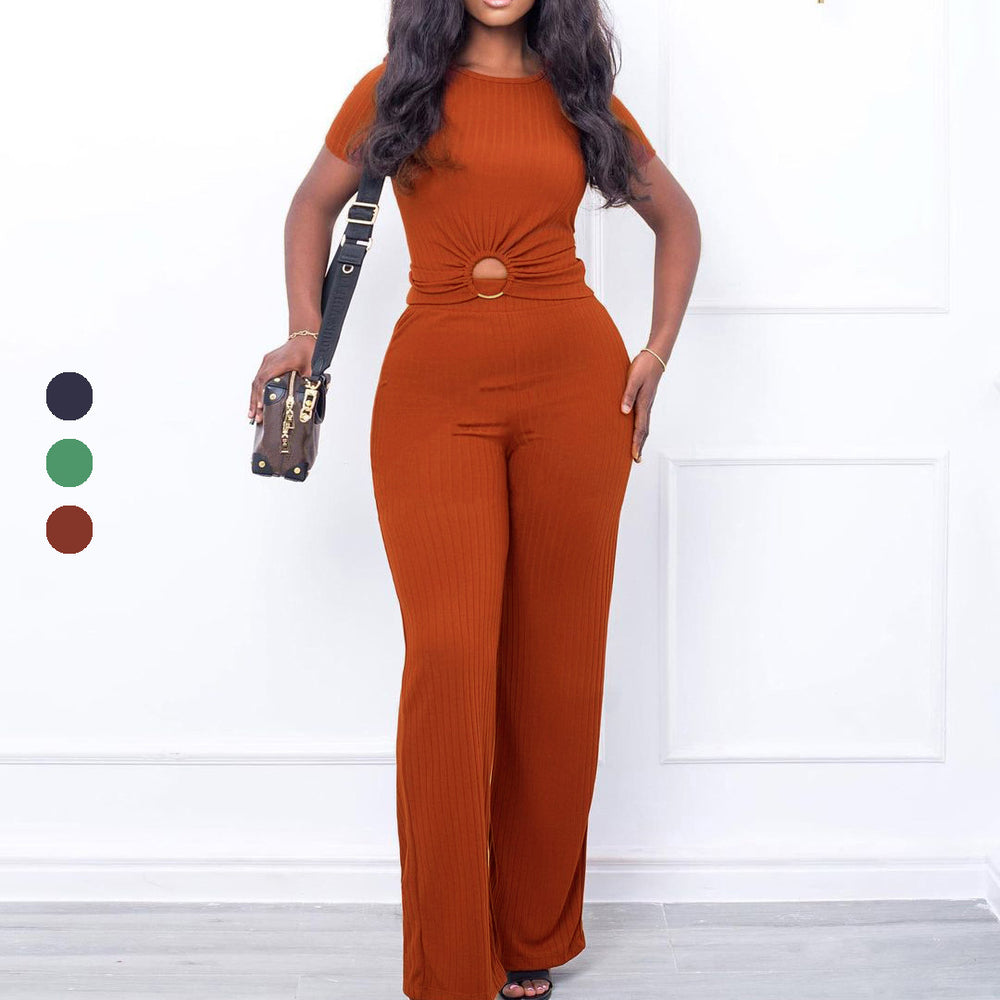 D277 cross-border sourcing:   summer new arrival - solid color ribbed casual fashion set, european and american style two-piece outfit