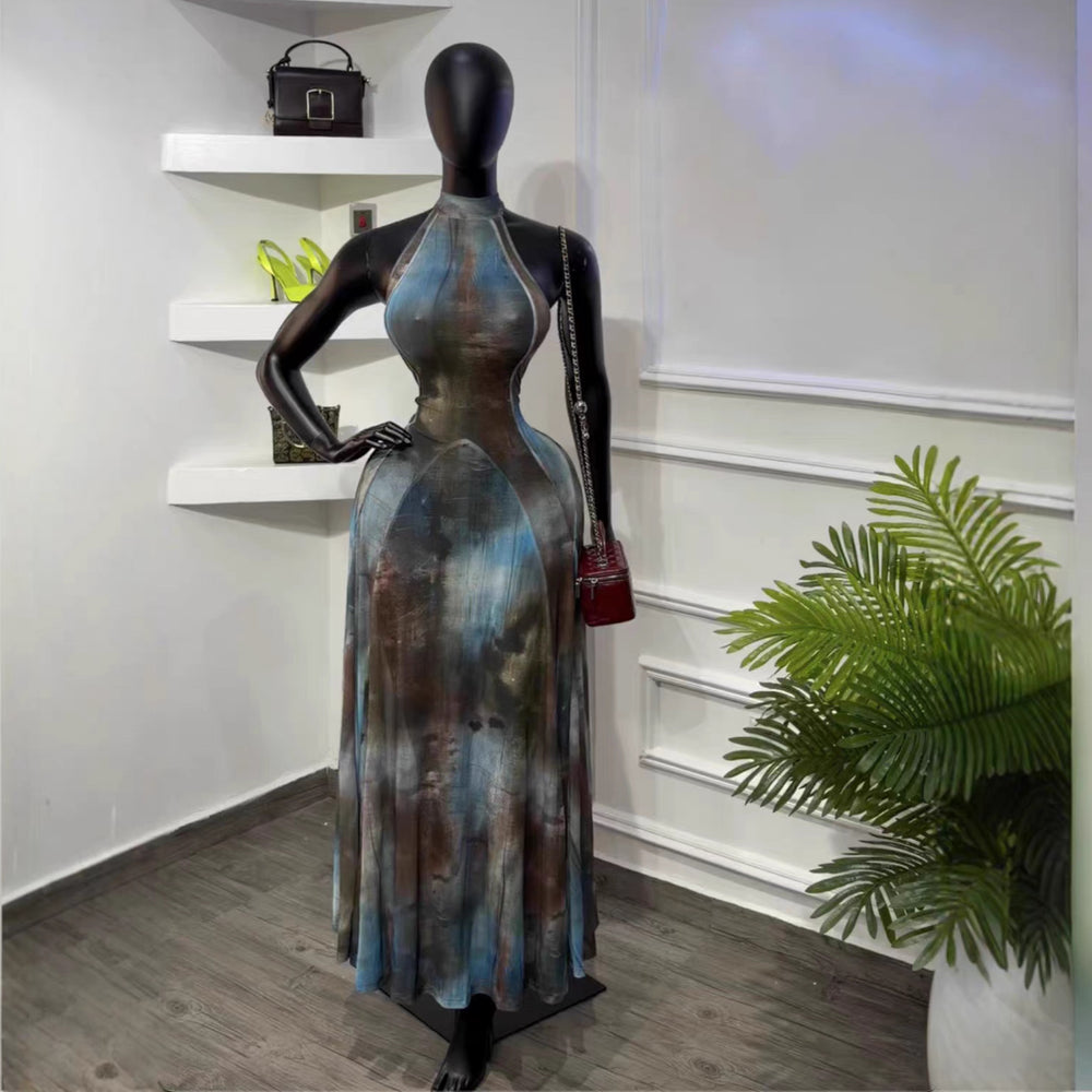 European and american cross-border women's fashion:  summer new arrival - elegant halter neck slim-fit printed gradient sleeveless dress