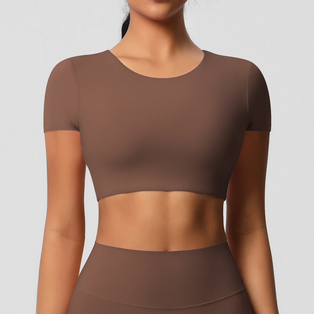 Ready-to-ship, cross-border, double-sided brushed, built-in bra, form-fitting, short-sleeve yoga top, pilates, running, and workout t-shirt for women