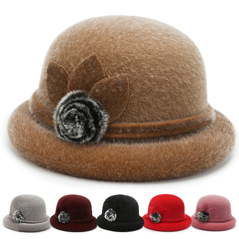 Autumn and winter hat women's trilobal round edge basin hat Korean version hairball bucket hat outdoor sponge ring warm fashion cotton hat