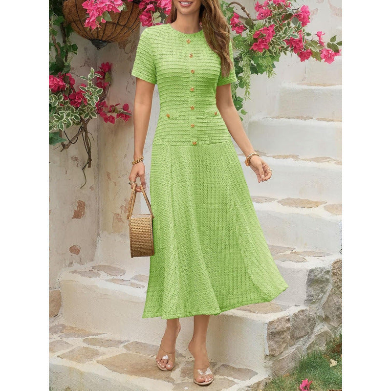 Amazon sweet & spicy  summer casual short-sleeve crew neck versatile button-up textured slim-fit midi dress