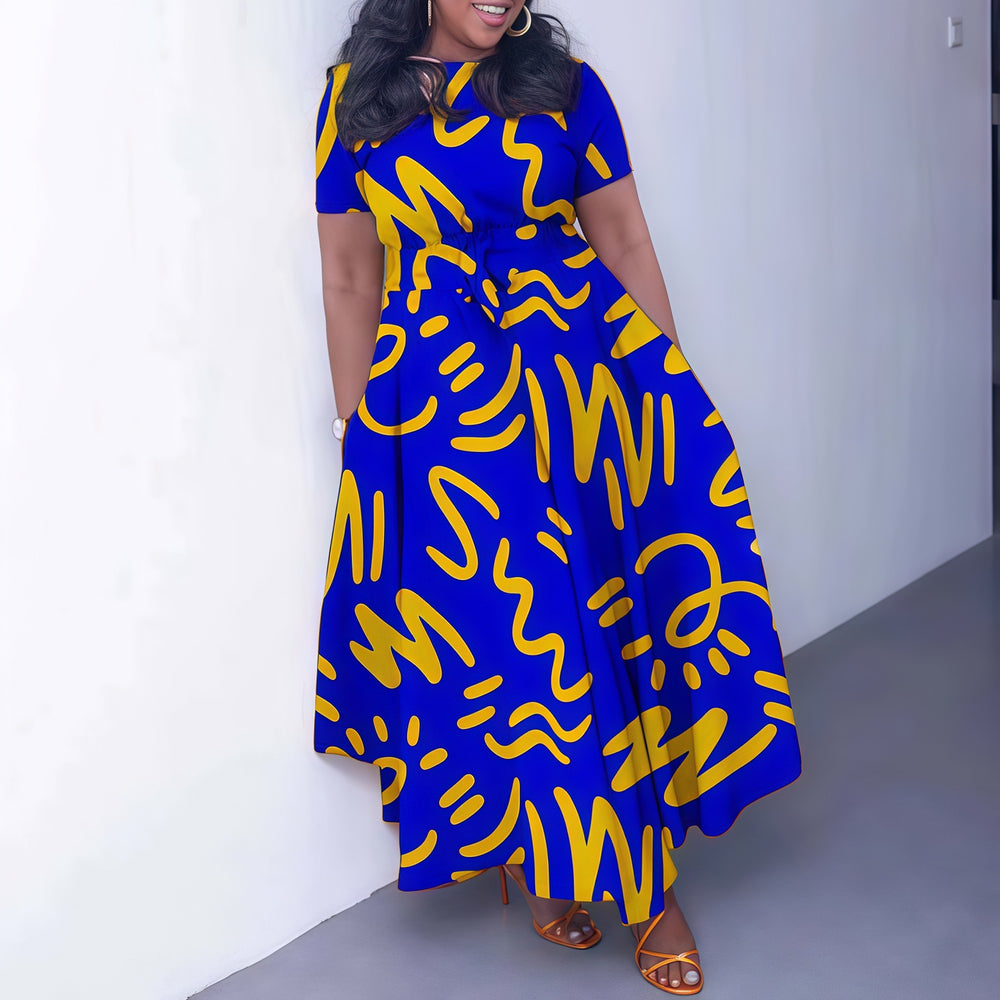 D3375 european and american  cross-border african loose printed large size strap mid-length large swing dress women's clothing