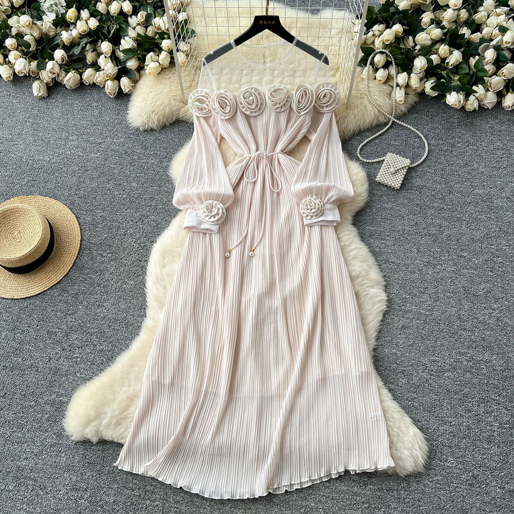 new european and american fashion heavy-duty 3d floral see-through mesh panel long sleeve cinched waist pleated dress for women