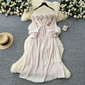 new european and american fashion heavy-duty 3d floral see-through mesh panel long sleeve cinched waist pleated dress for women