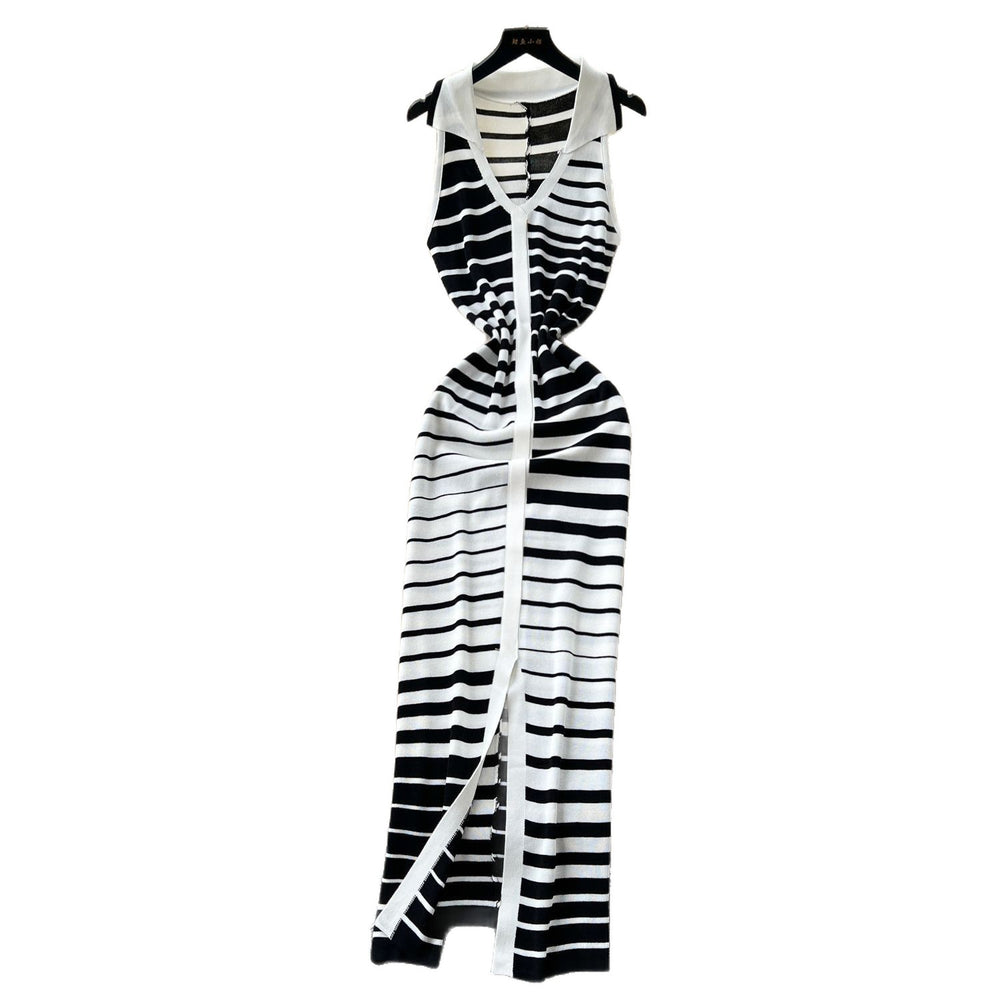 Summer dress: unique, high-end, sleeveless, slim-fit, color block striped knit dress with polo collar - bodycon maxi dress