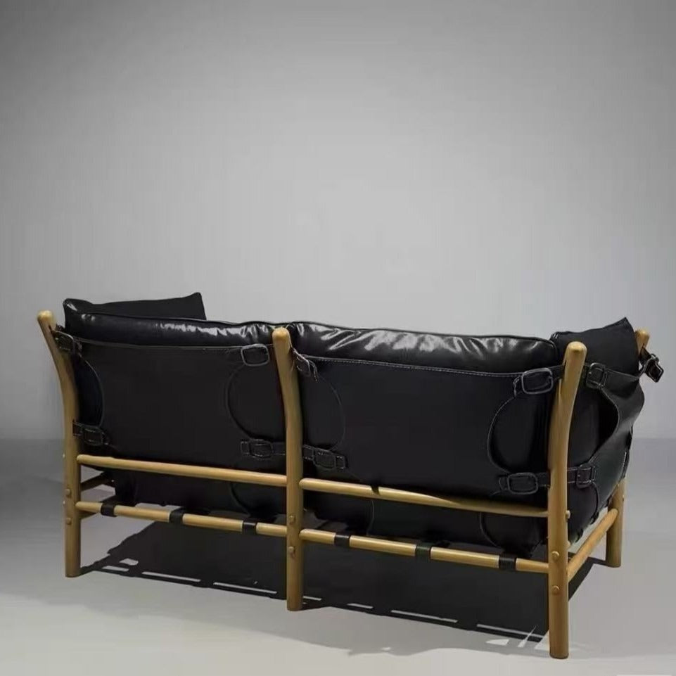 Leather upholstered designer solid wood b&b living room saddle leather chair wabi-sabi style sofa frameless b&b commercial