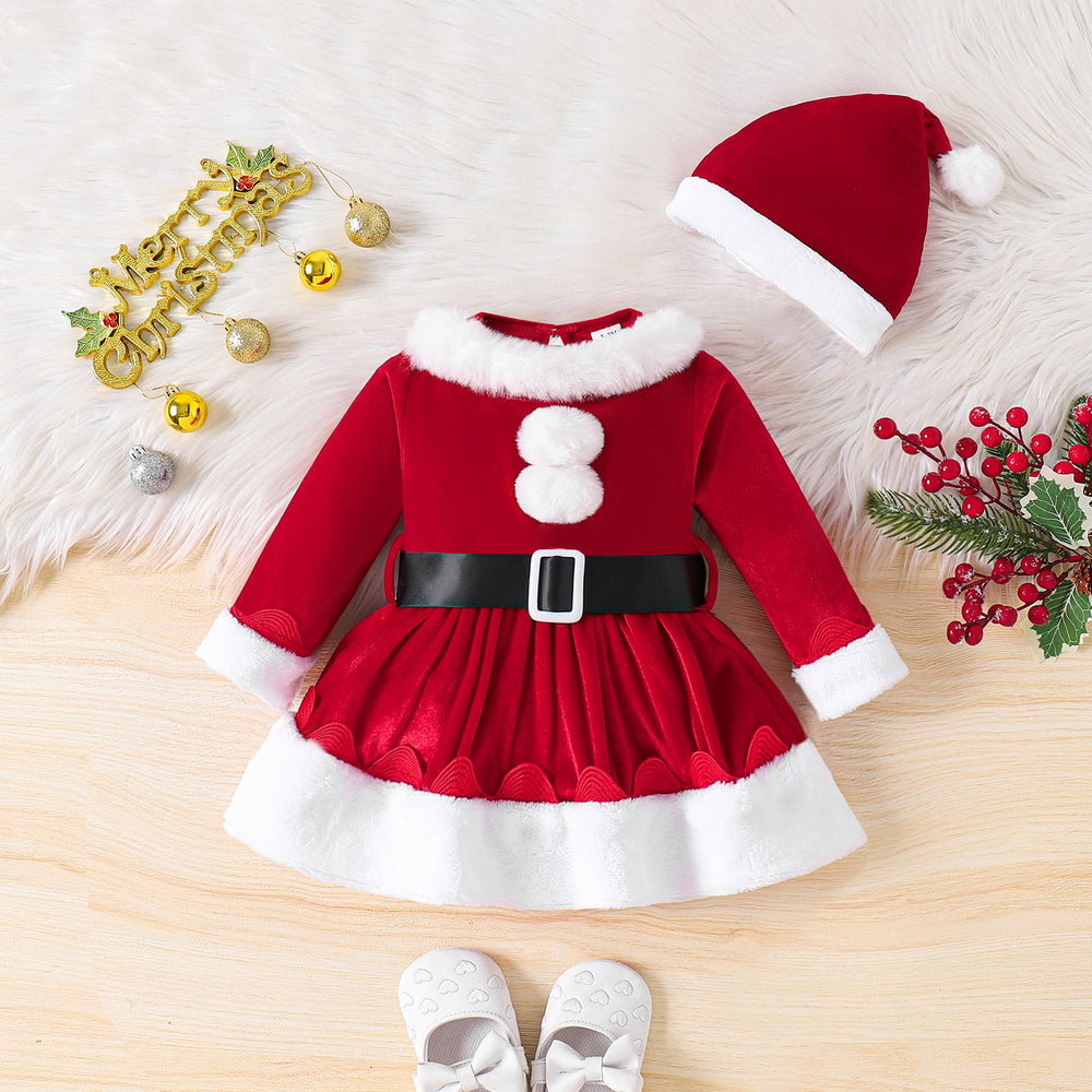 Baby christmas party outfit: fuzzy hat, belt, and romper dress