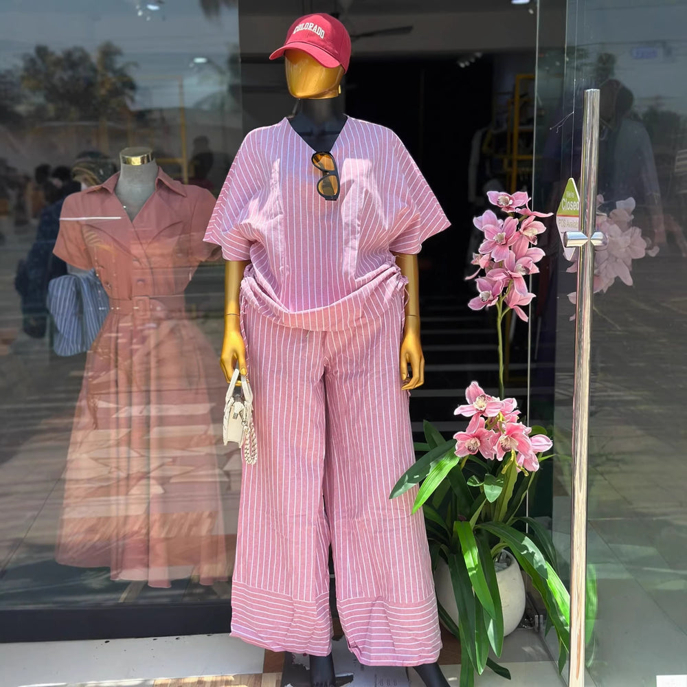 European and american cross-border women's clothing  summer new collection: sweet and fresh v-neck loose drawstring top and wide-leg pants set