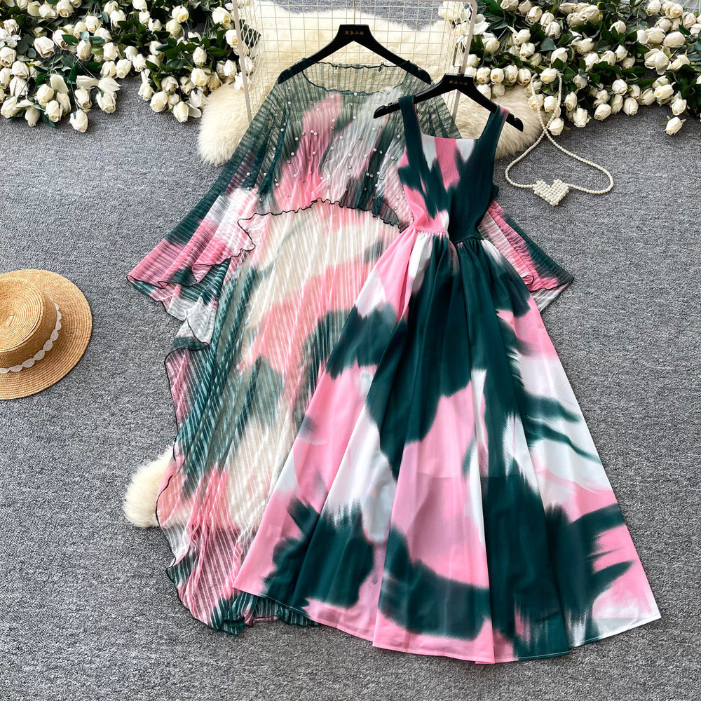 French riviera style printed dress - women's three-quarter sleeve, slim-fit, two-piece summer set with beaded detailing - elegant & professional