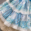 Elegant court style printed lantern sleeve dress - women's summer lace patchwork waist design midi dress