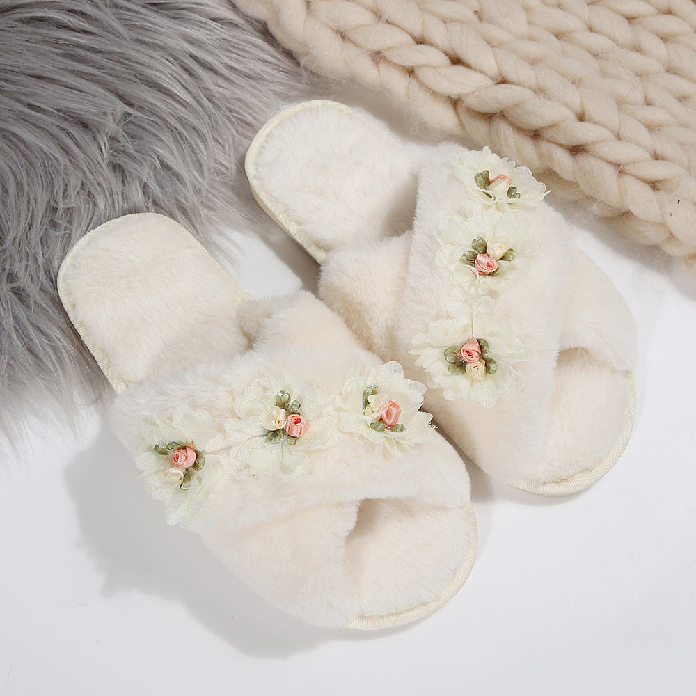 2025 new autumn fuzzy slippers for women - stylish floral design, indoor home use, flat cross-strap, warm plush cotton slippers