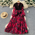 Gentle wind lacepatchworkelegantdress women's summerclassy sense of binding color matching waist printing long skirt work clothing